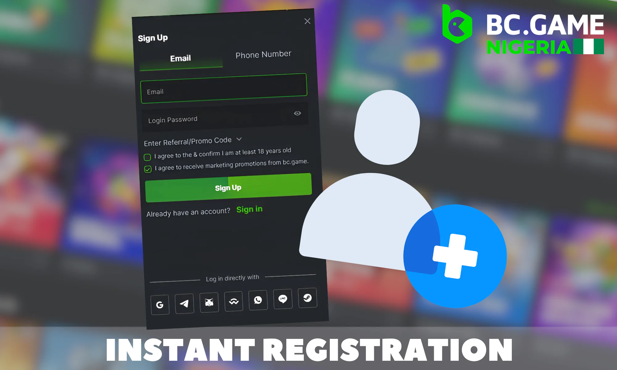 Instruction for instant registration in BC Game