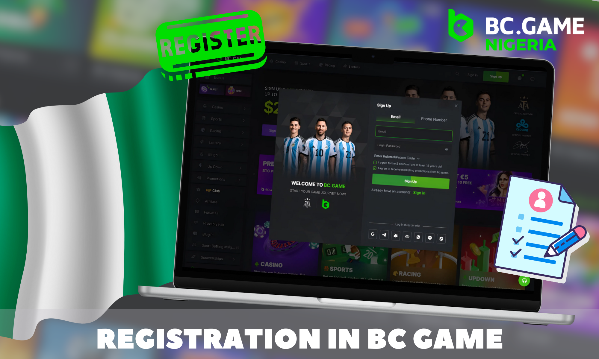 Account registration at BC Game