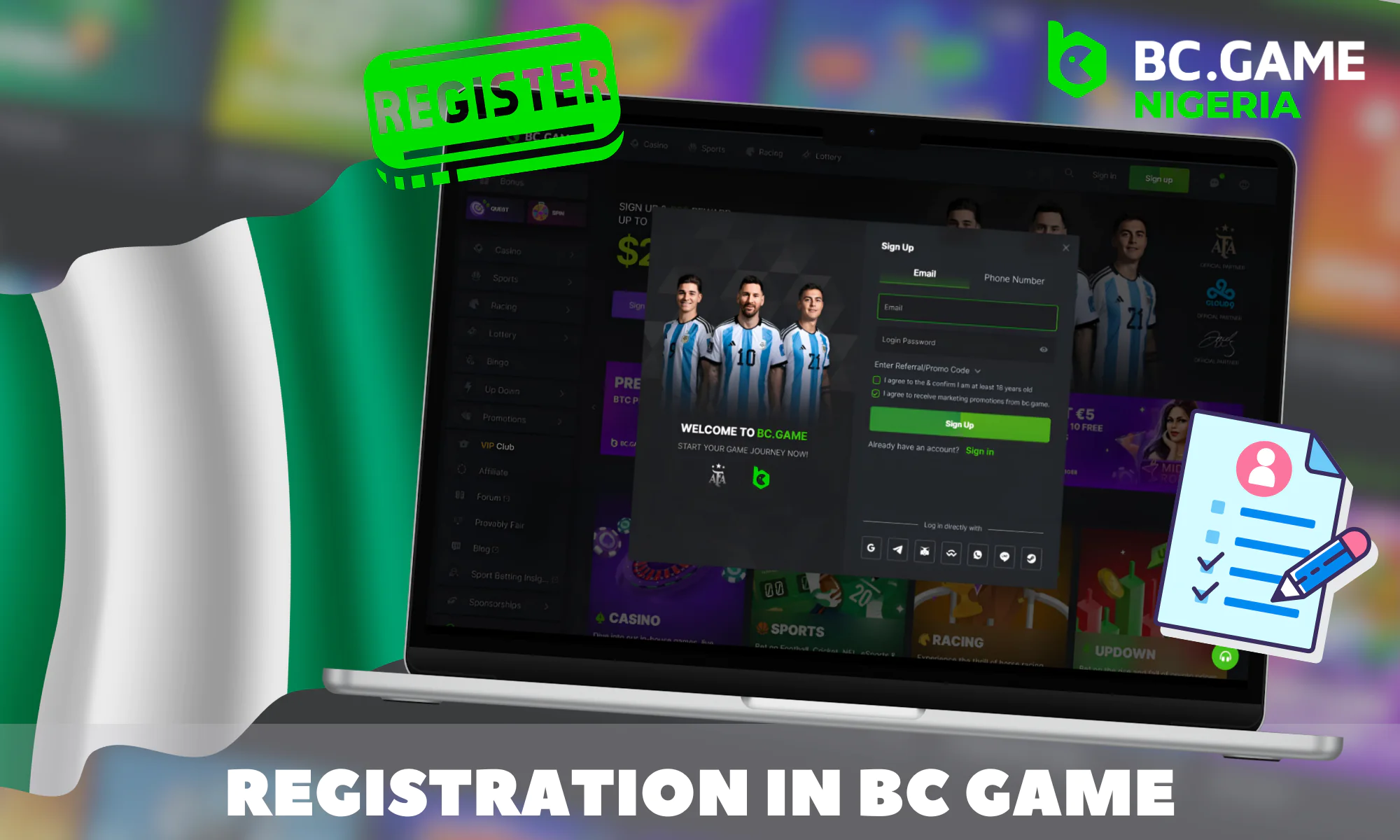 Account registration at BC Game