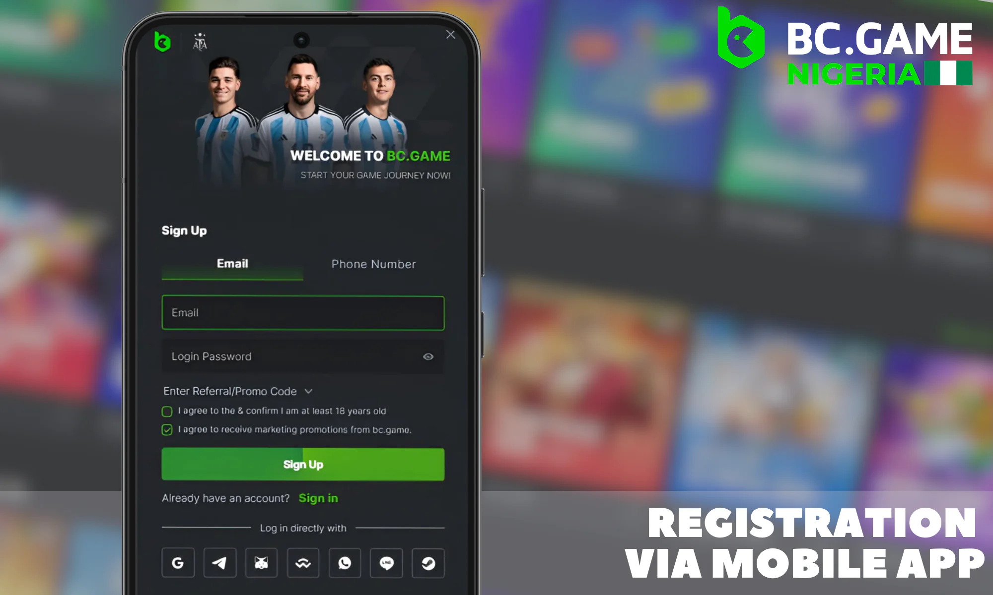 Step-by-step instructions for registration through the BC Game app
