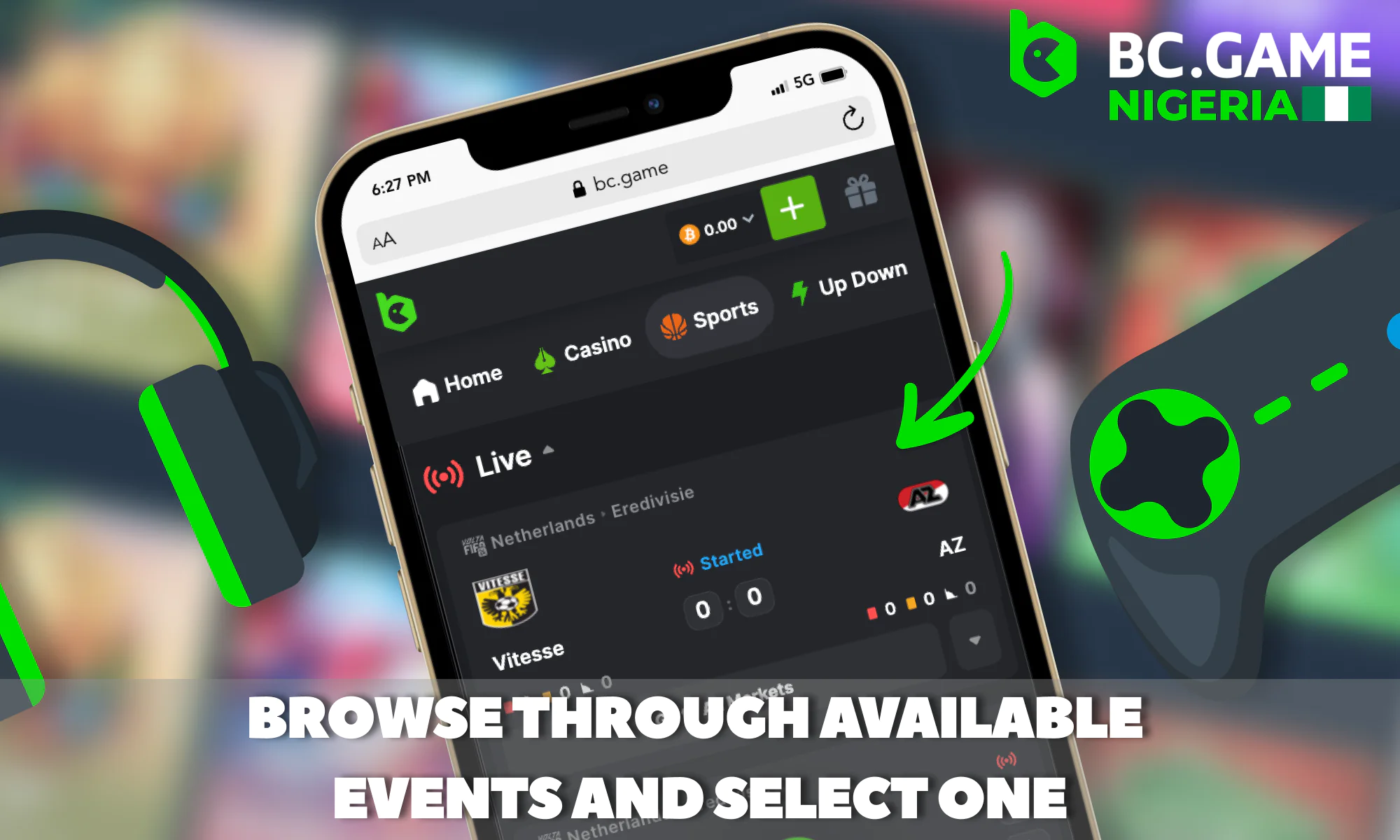 Selecting an event of your choice at BC Game