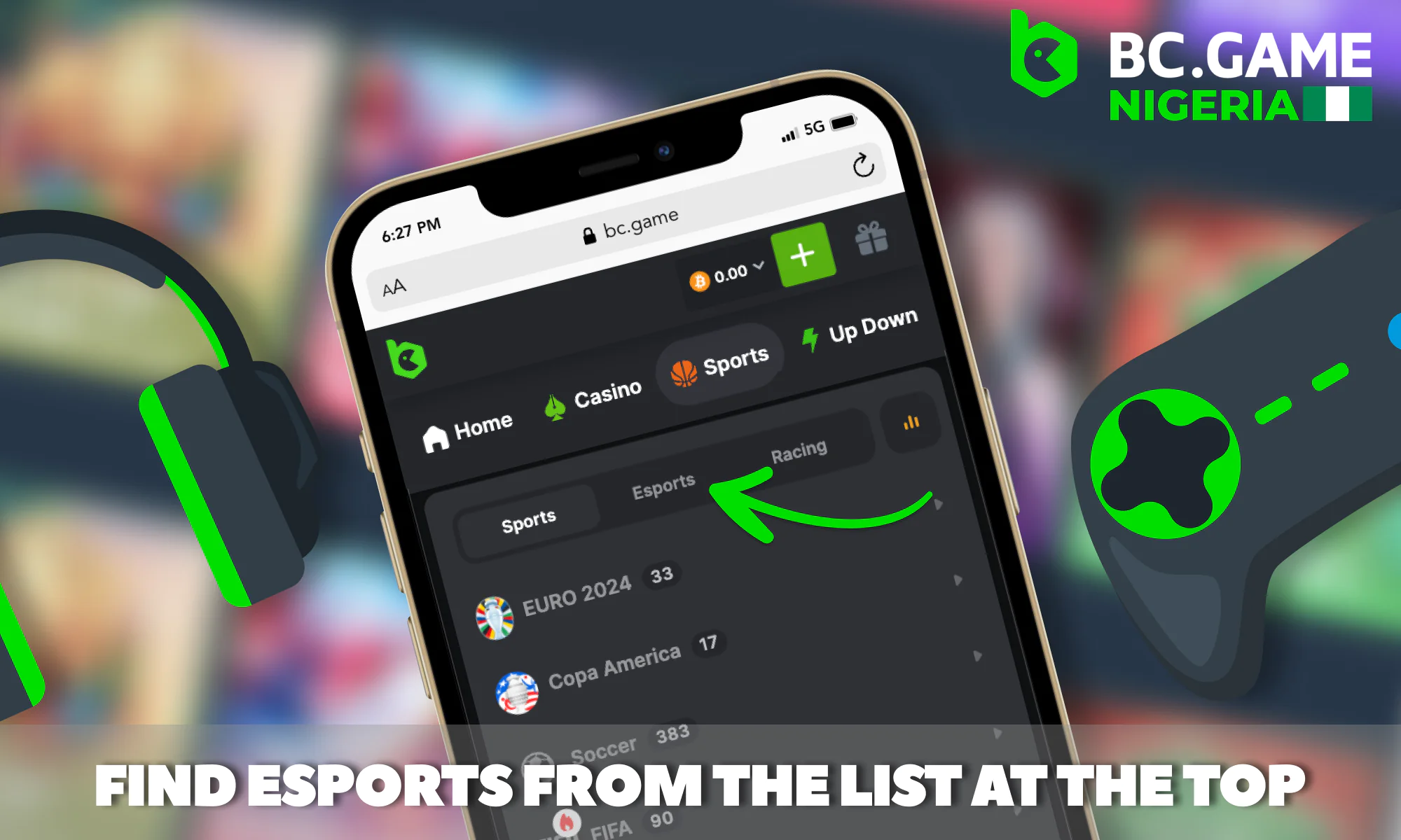 Navigating to the Esports section at BC Game