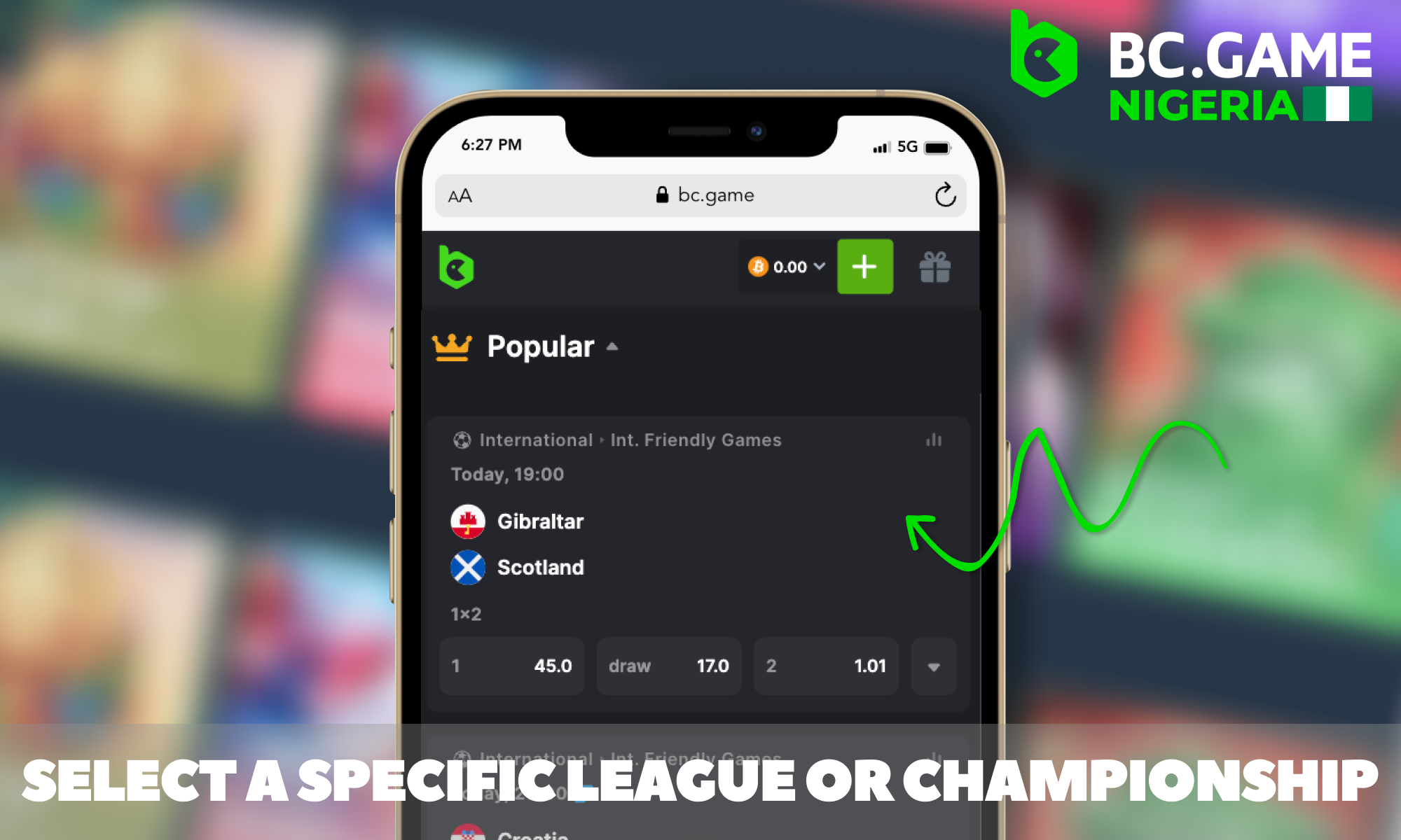 Selecting a league to start betting at BC Game
