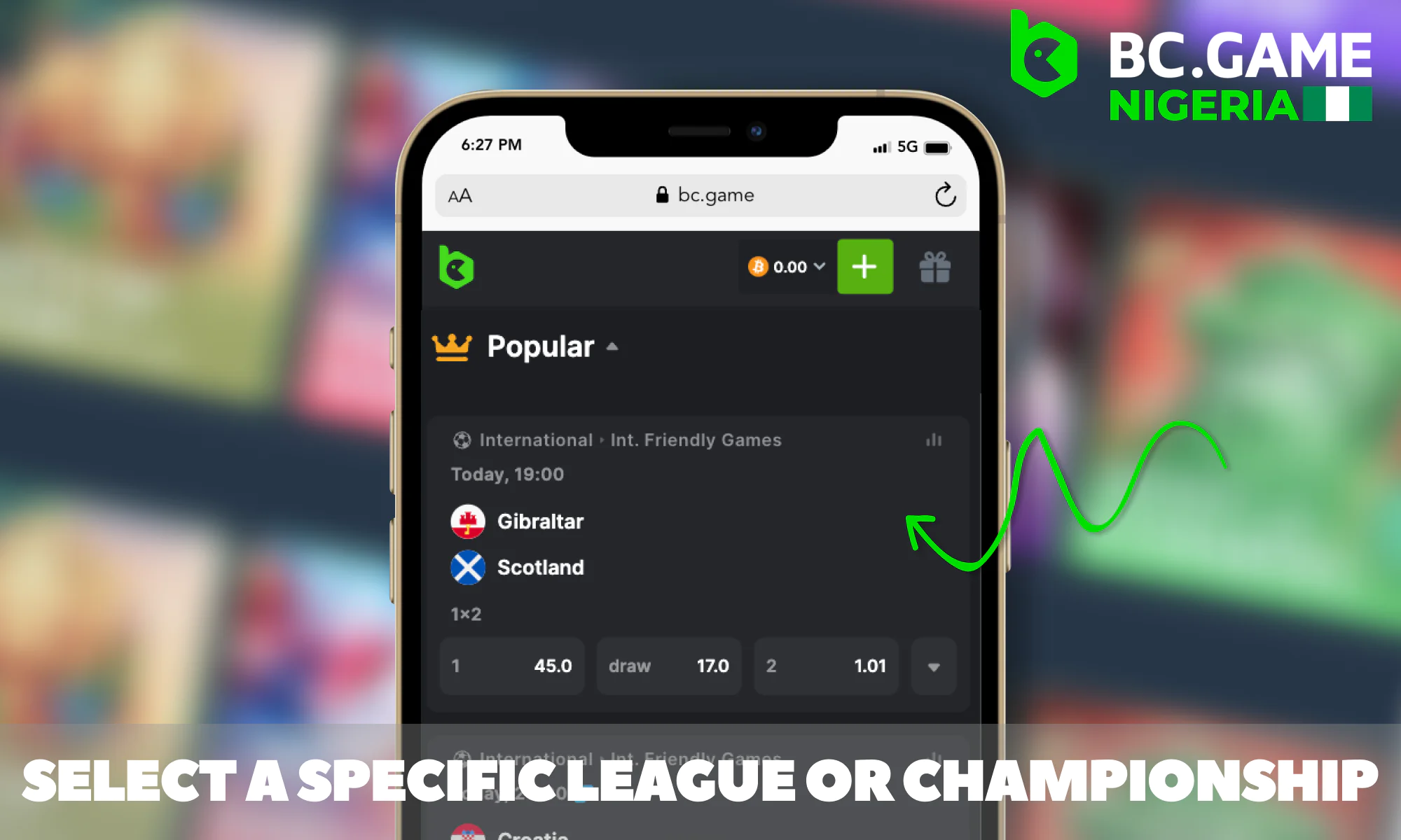 Selecting a league to start betting at BC Game