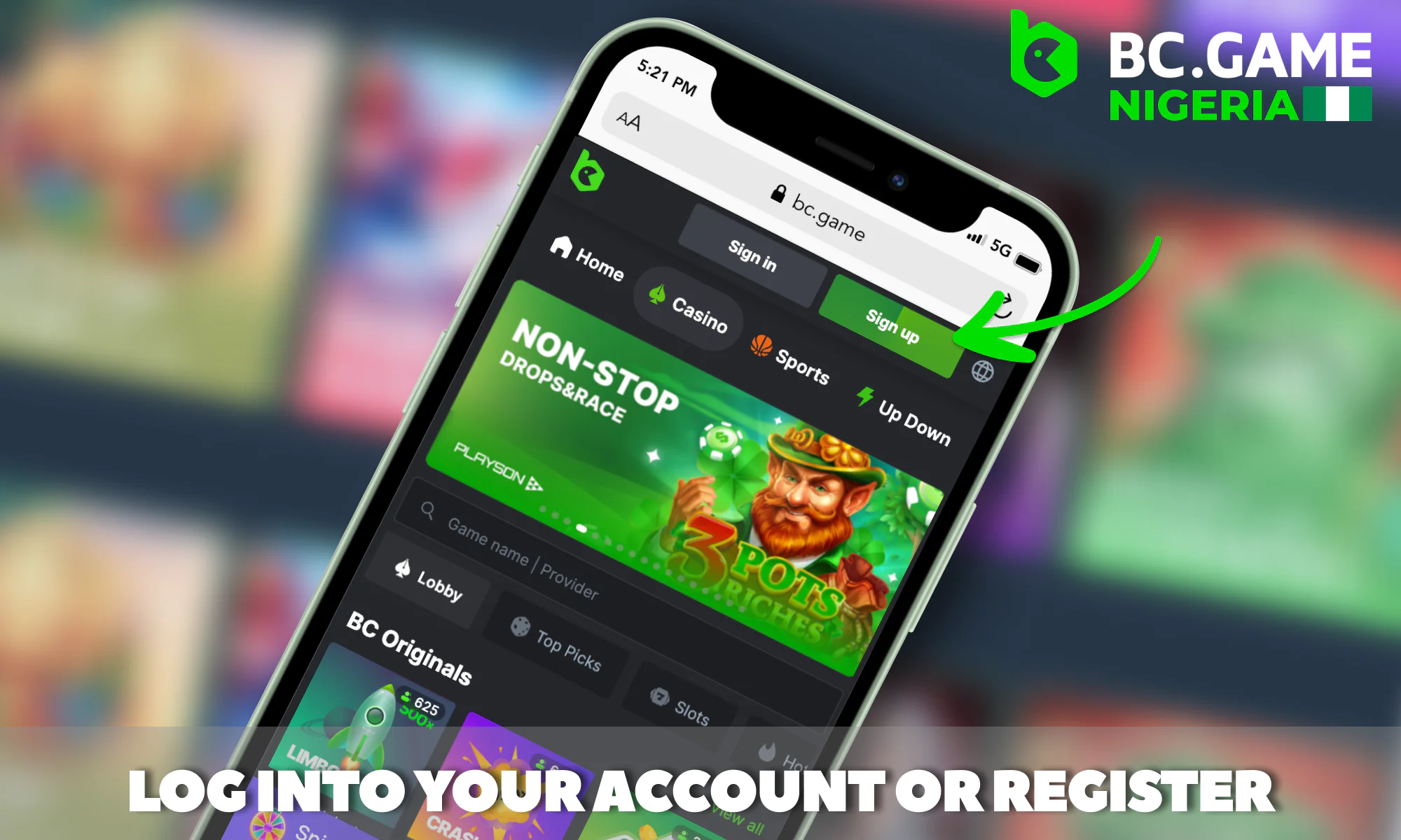 Accessing your account or creating a new one at BC Game