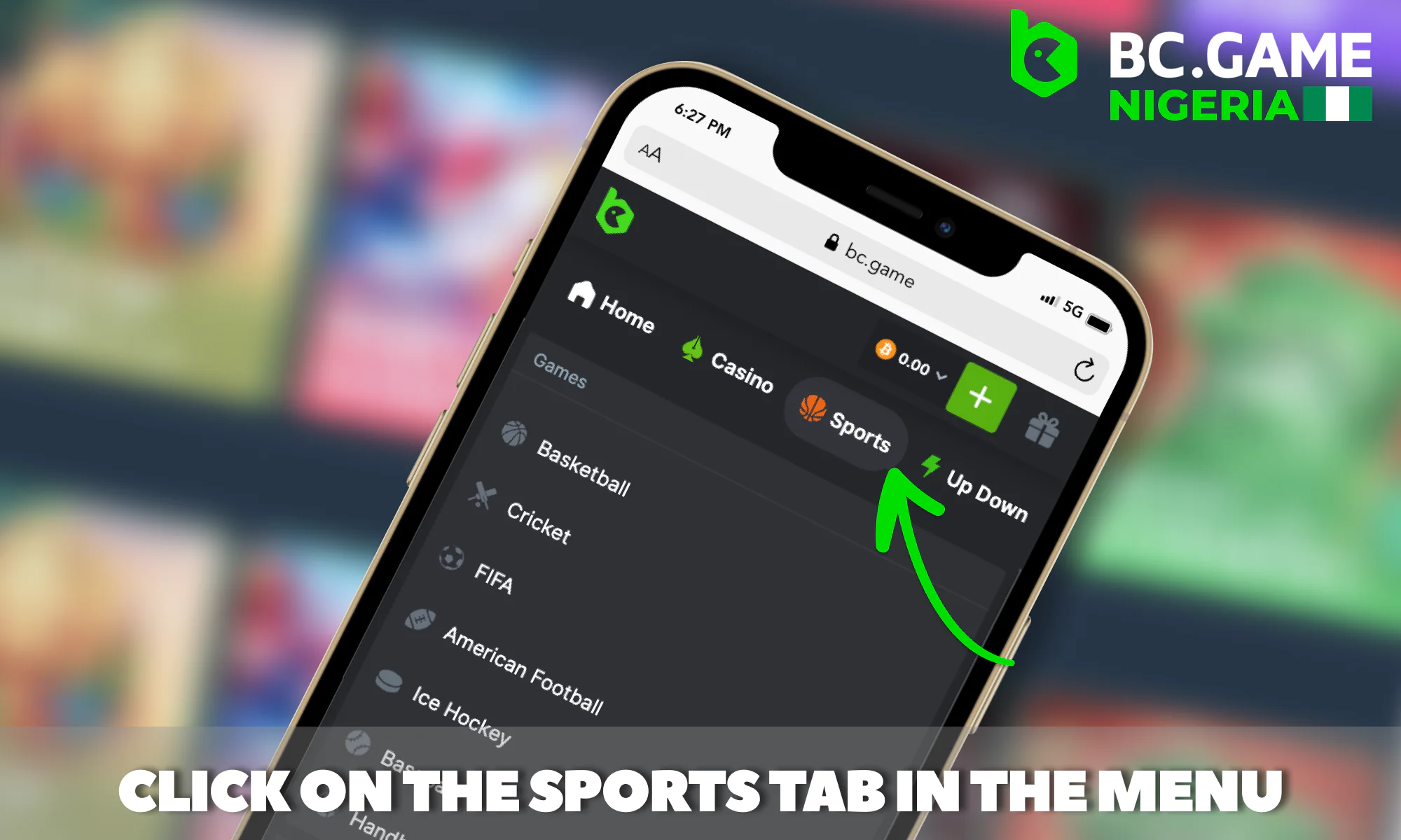 Navigating to the Sports section at BC Game