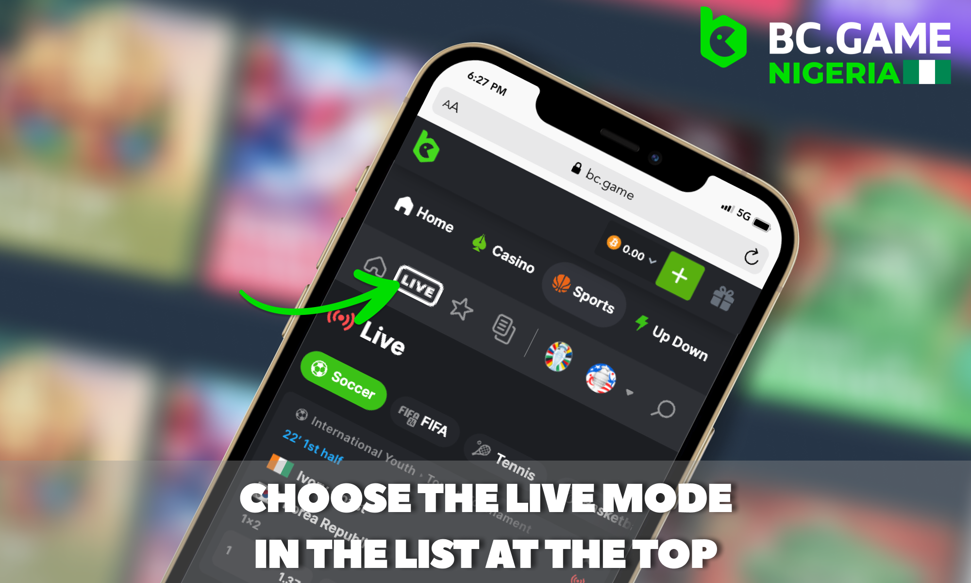 Selecting live mode on the BC Game site