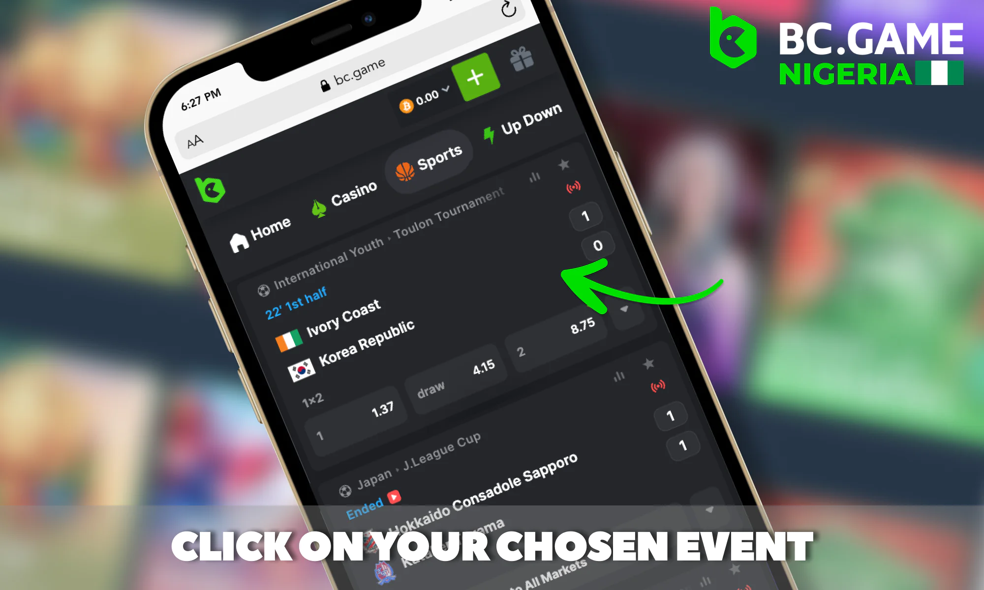 Choosing a live event at BC Game