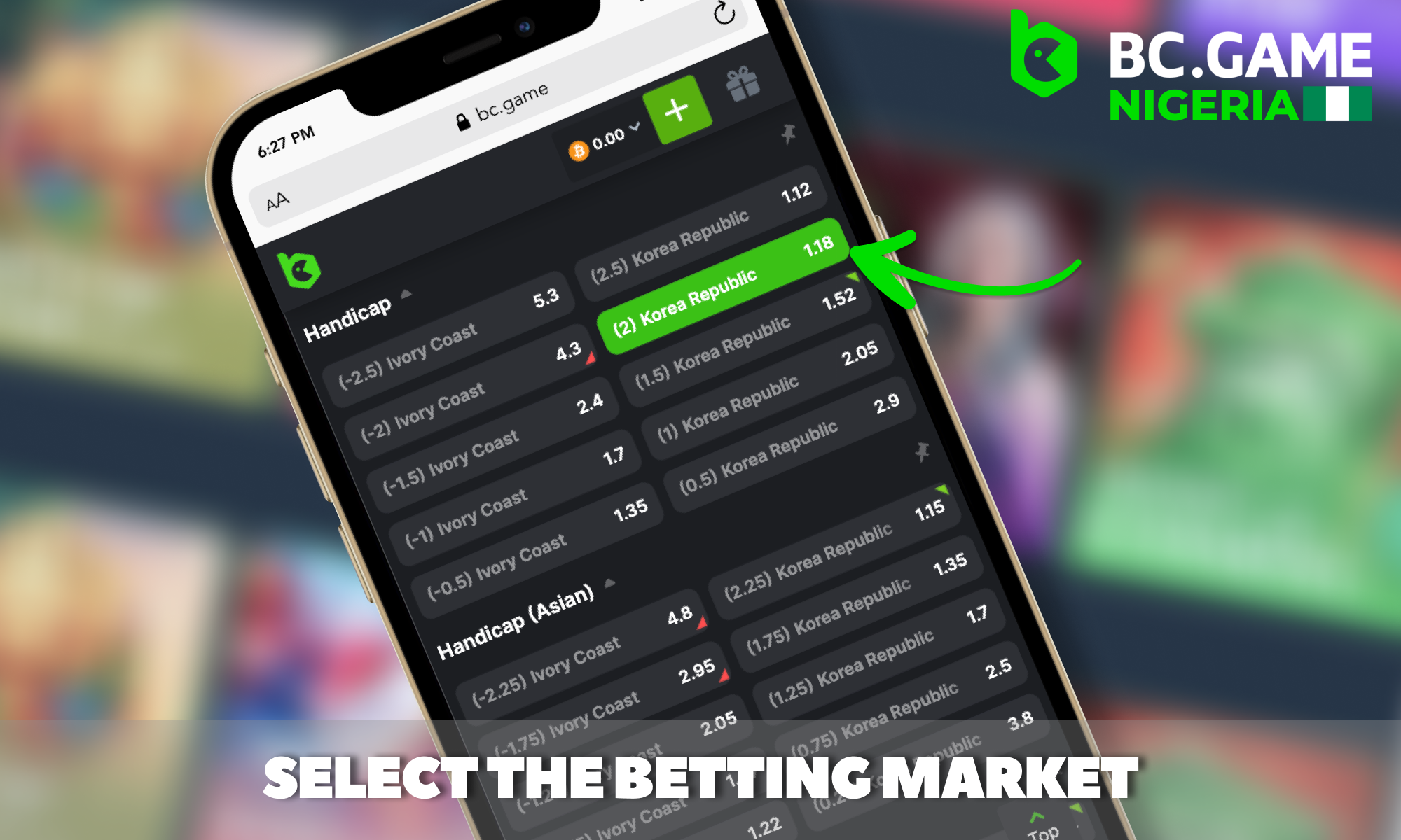 Selecting the market at BC Game