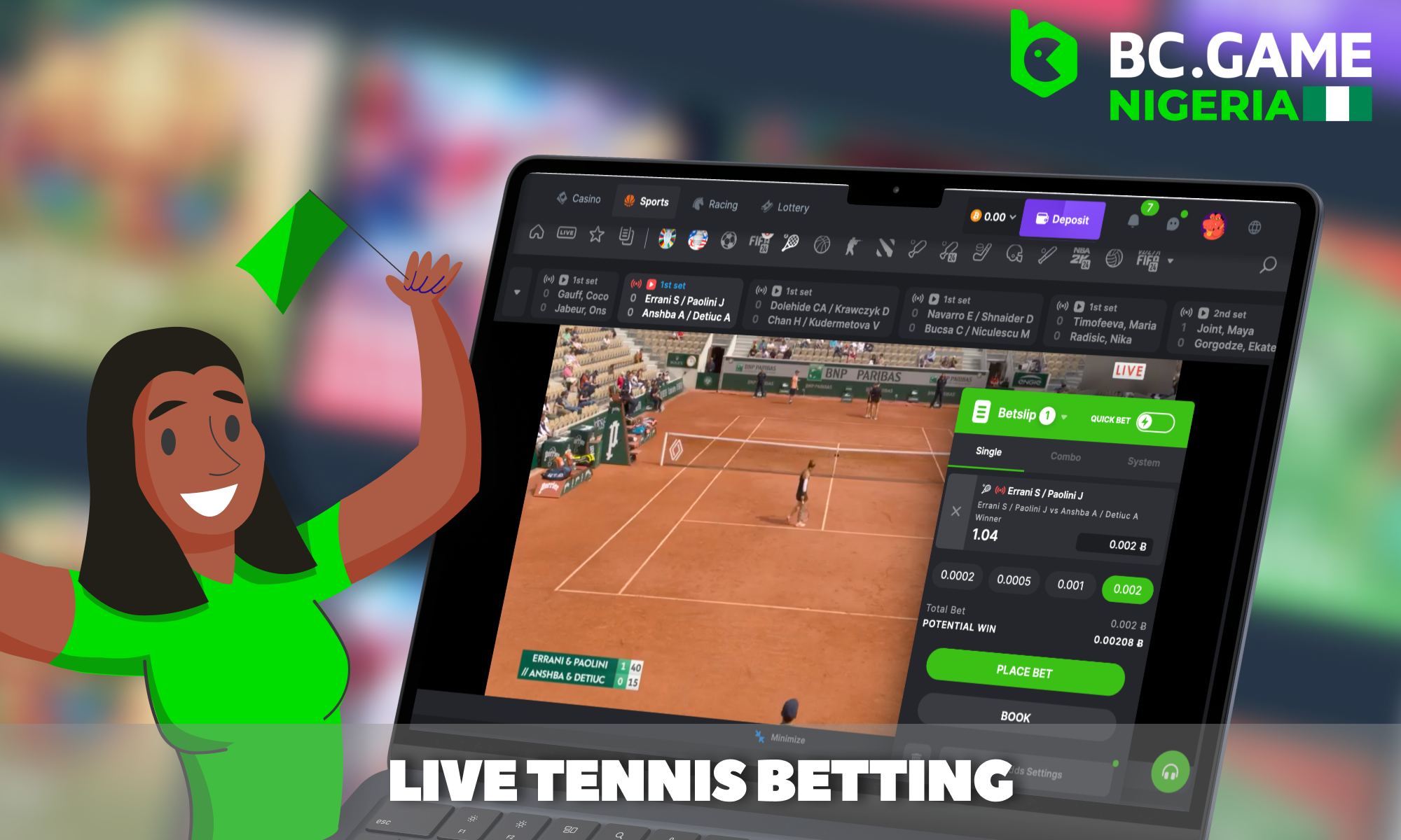 Live tennis betting for Nigerian players at BC Game
