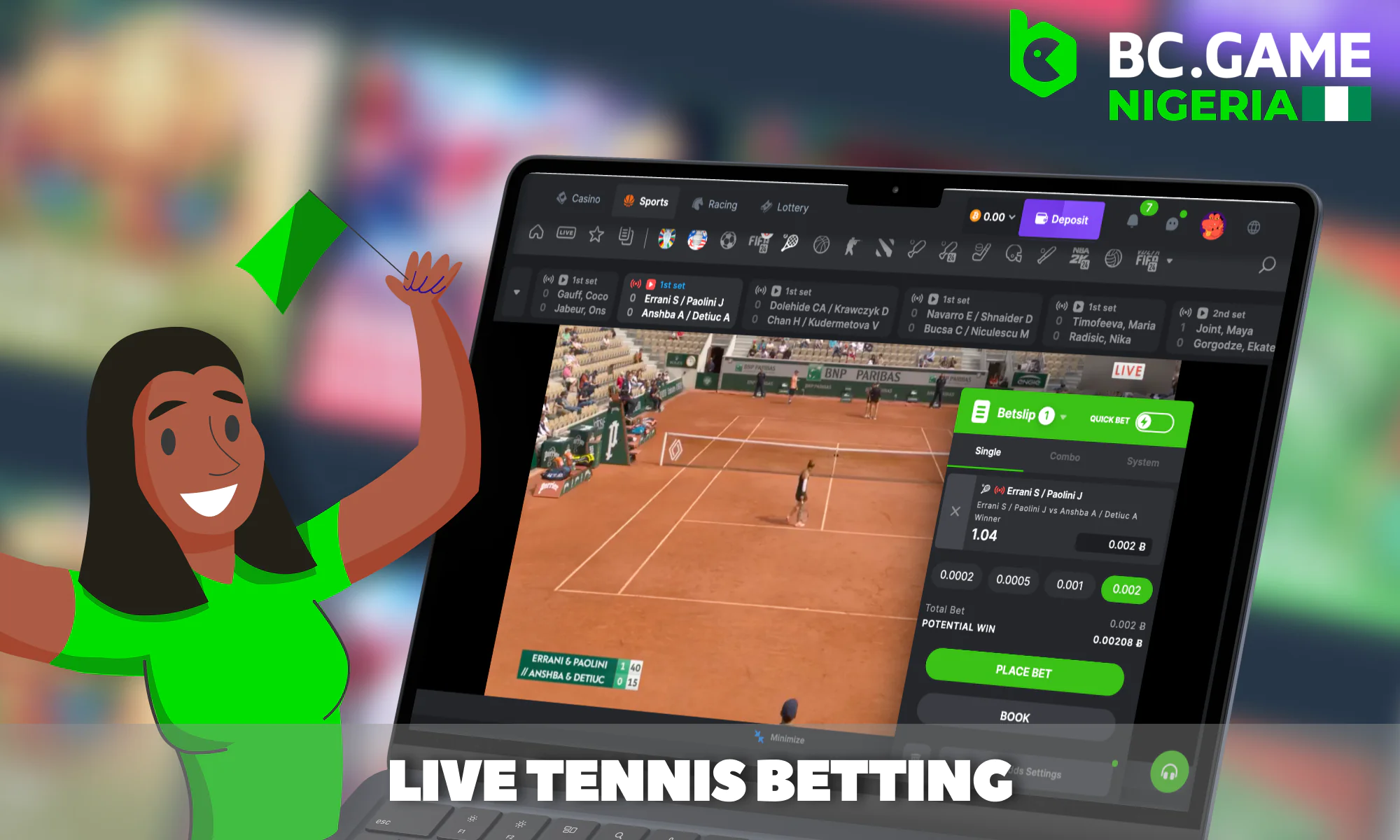 Live tennis betting for Nigerian players at BC Game
