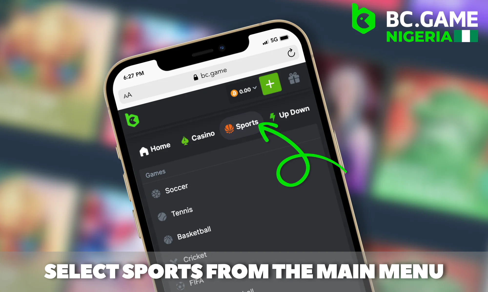 Accessing the Sports section at BC Game