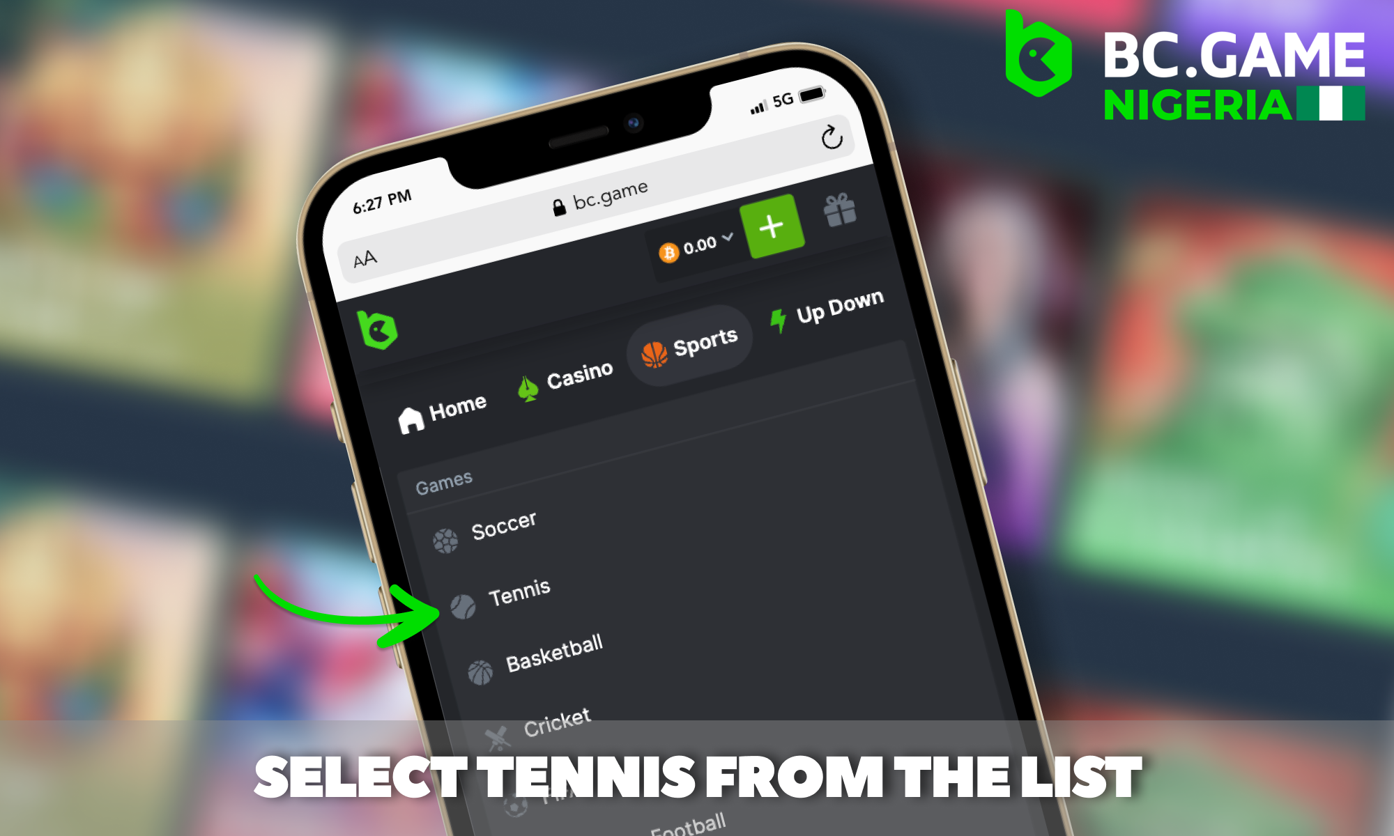 Choosing tennis from the sports list at BC Game