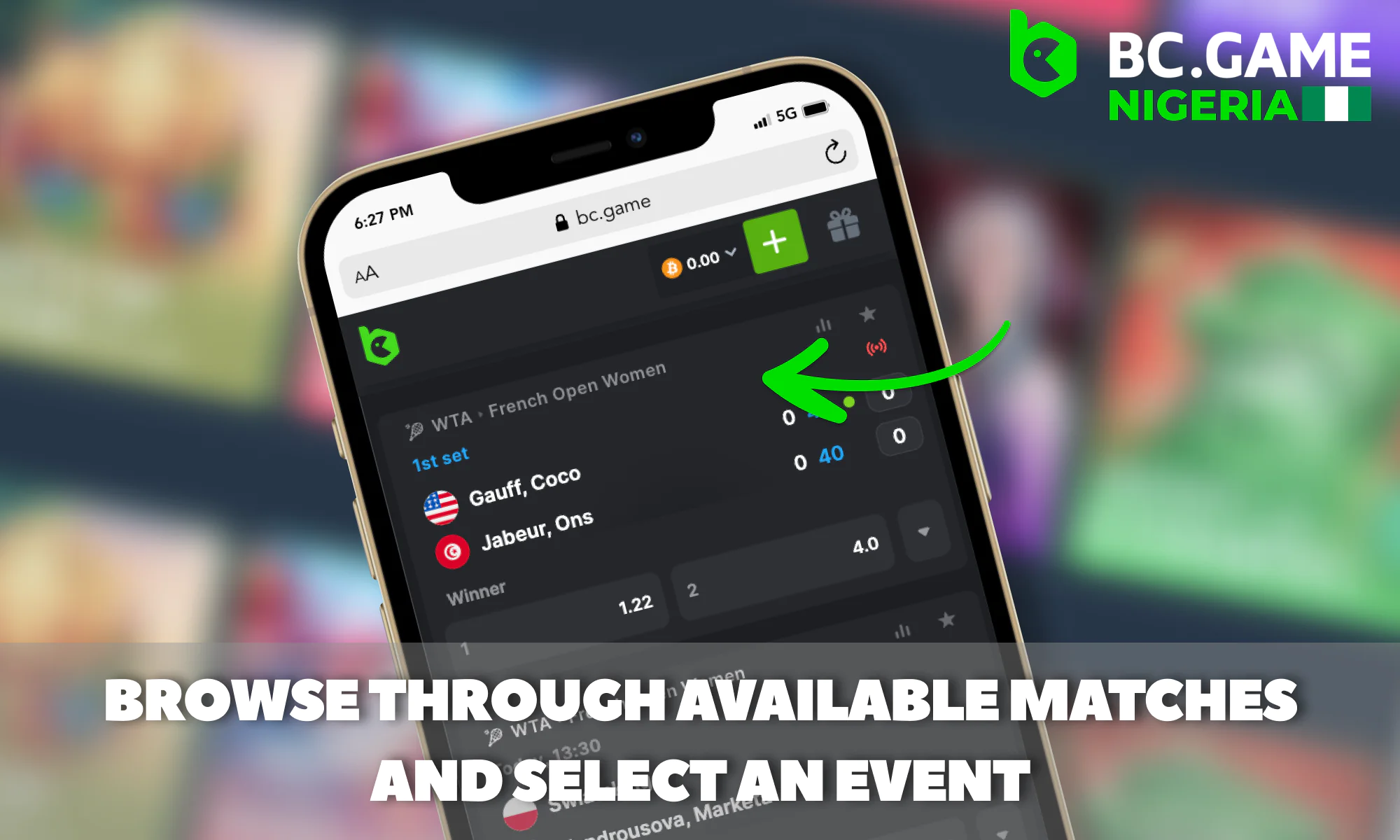 Selecting a tennis event to bet on at BC Game