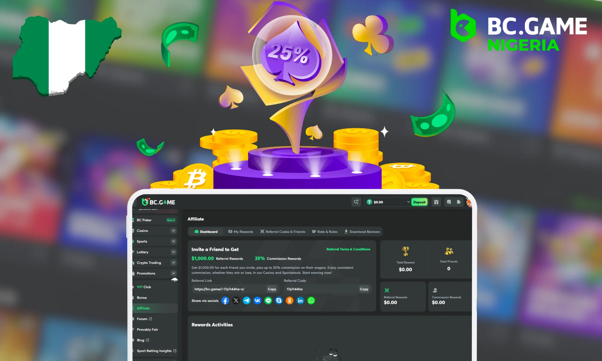 BC.GAME Nigeria has an affiliate program that allows everyone who has their own source of traffic to promote casino services and make a profit from it