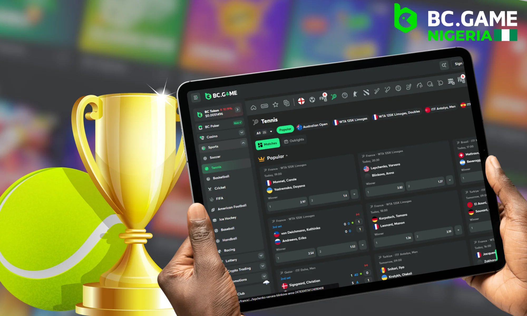 Tennis events available for betting at BC Game